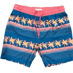 Departwest Tropical Palm Tree Pink Blue Elastic Waist Swim Trunk Medium Men's